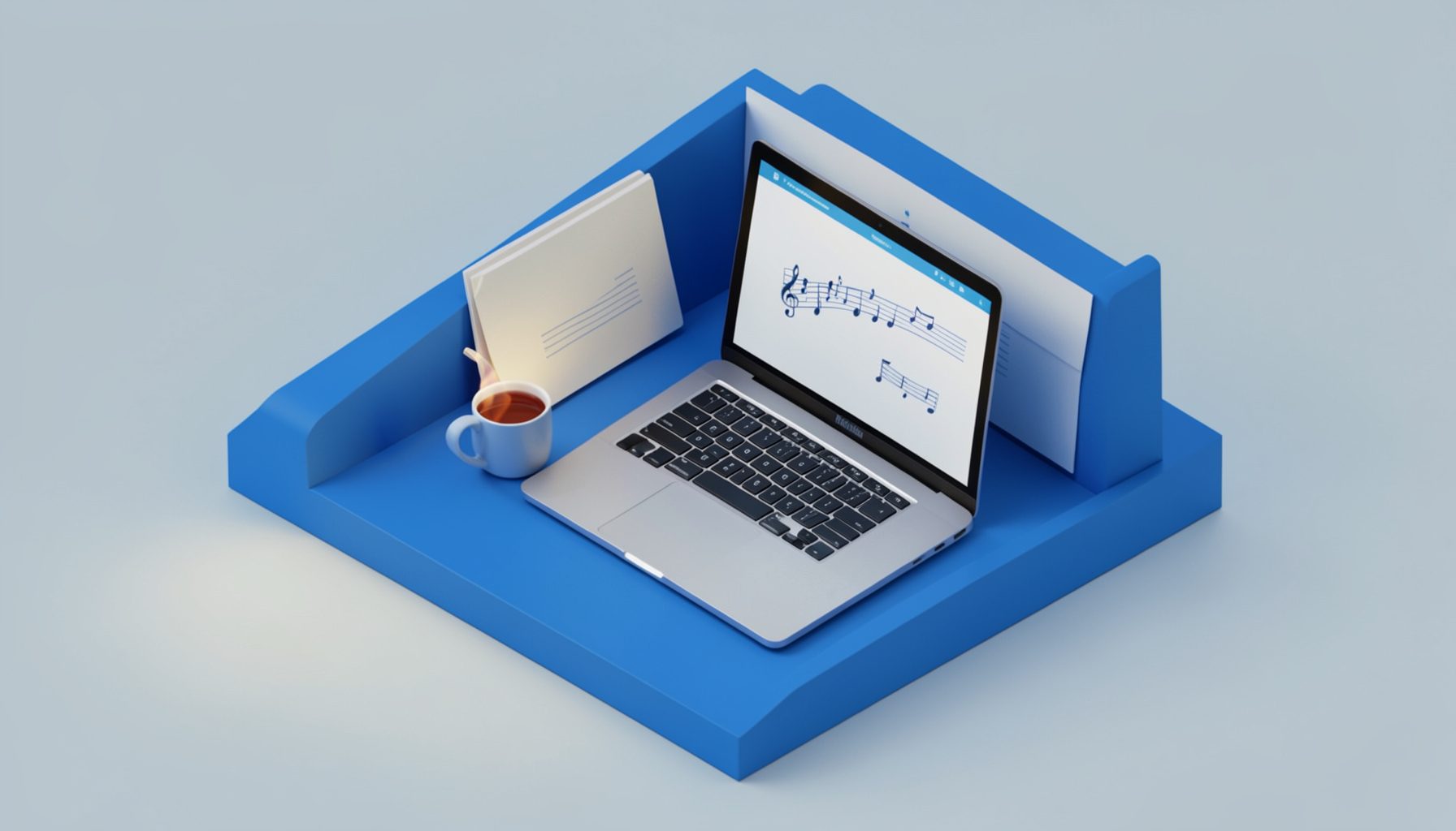 Isometric 3D render of a cozy blog reading nook with a laptop displaying music notes, a cup of warm tea, and soft blue accents, relaxed mood