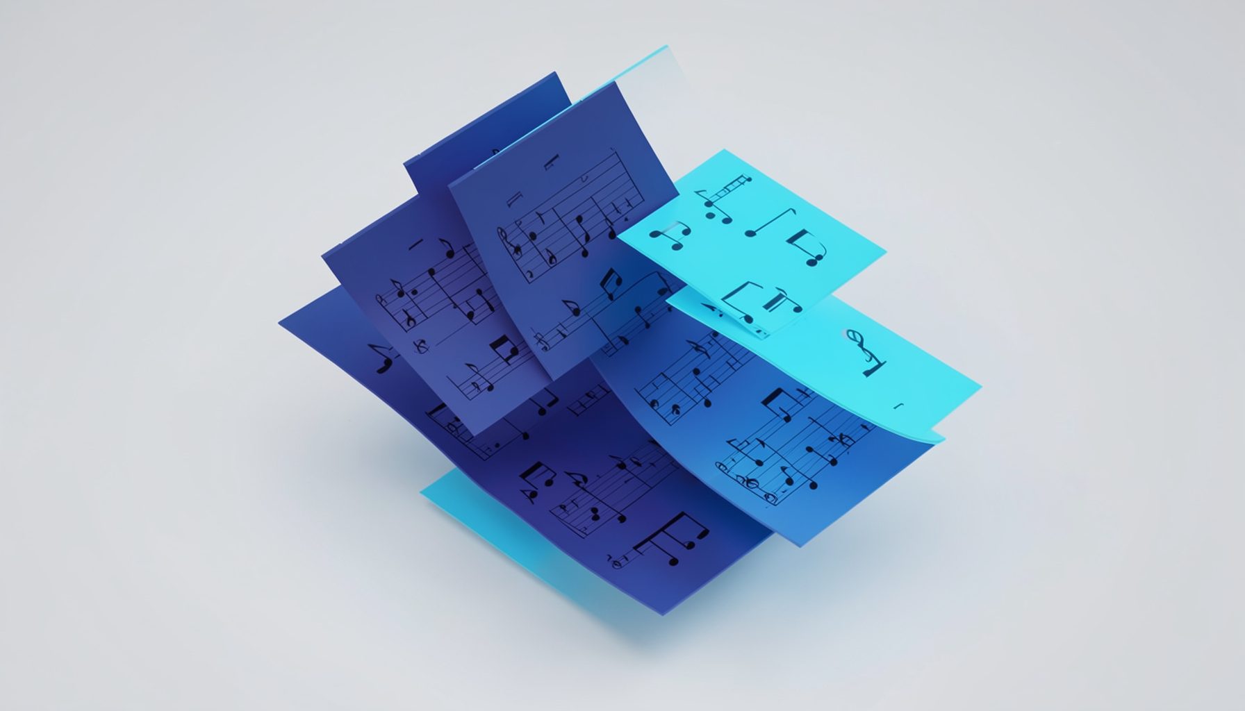 Isometric 3D render of floating sheet music pages and musical notes in soft navy blue and bright cyan against a light grey background