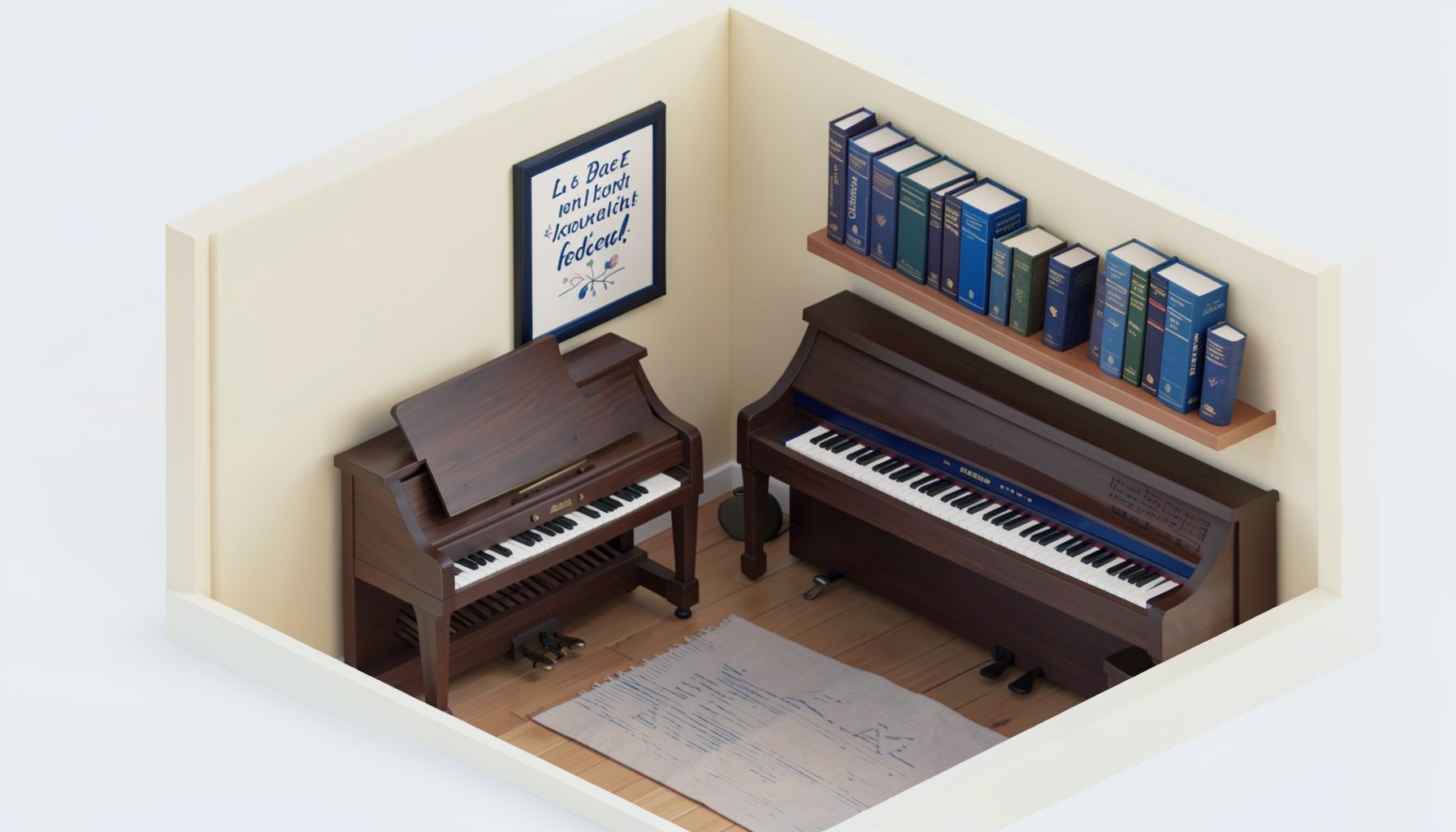 Warm, softly lit isometric 3D render of a peaceful home music room with a piano, hymn books on a wooden shelf, and a framed picture, in muted olive and cream tones