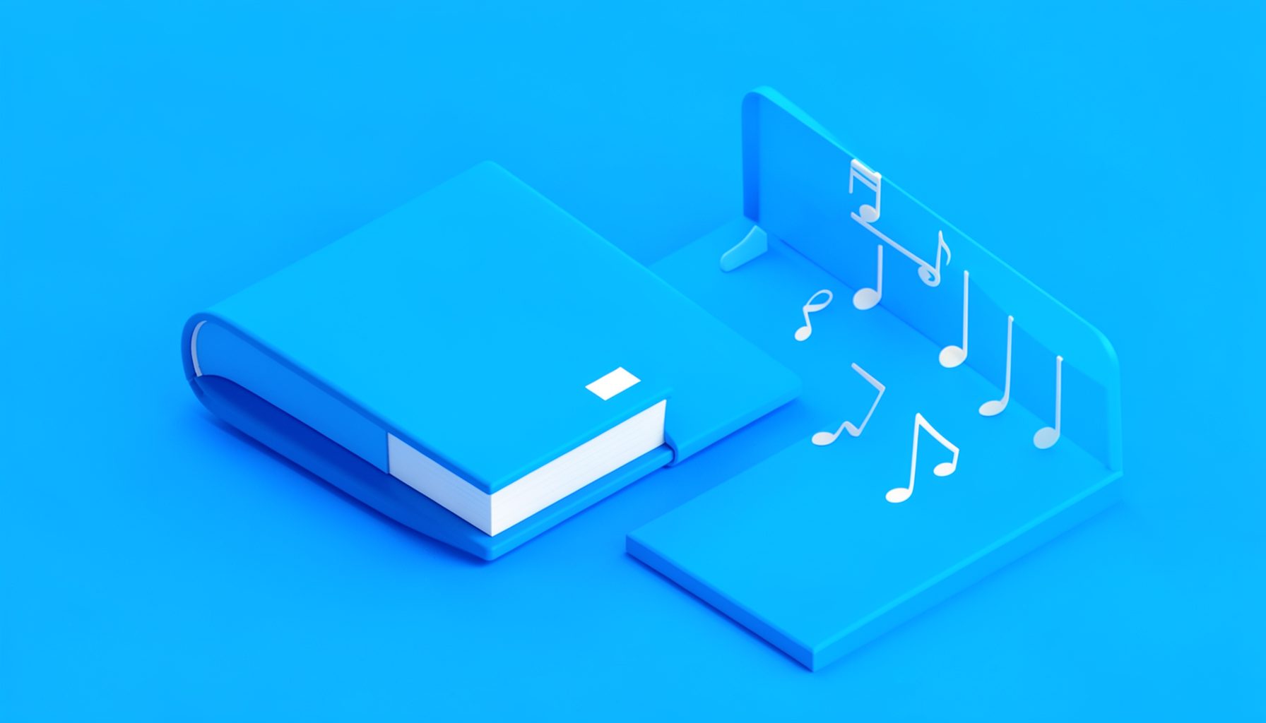 Isometric illustration of a bright blue and white songbook and musical notes arranged beside a small stage, evoking a warm performance mood
