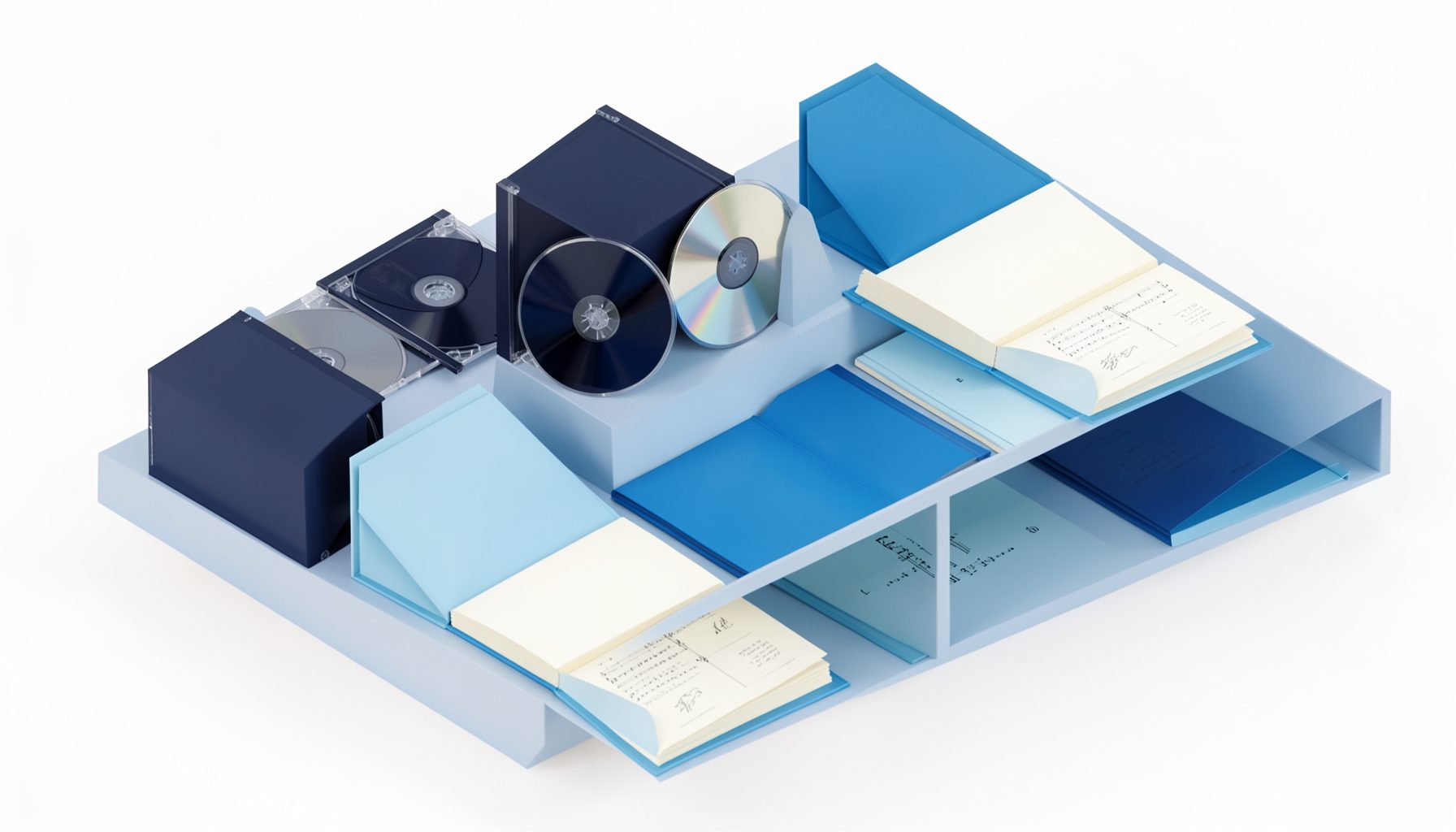 Isometric 3D render of neatly arranged music products on a display shelf: CDs with jewel cases, songbooks with soft cream covers, calm muted colors