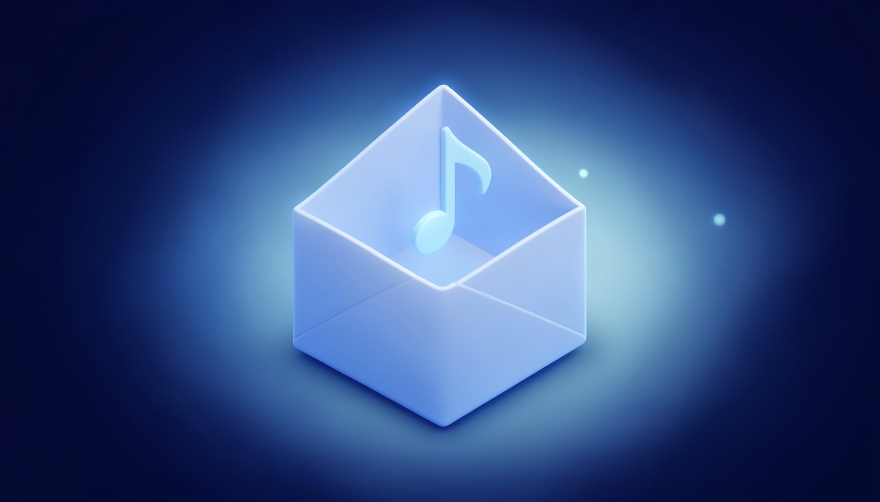 A warm, softly lit isometric 3D scene of an open envelope with a subtle musical note rising from it, set against a deep muted background