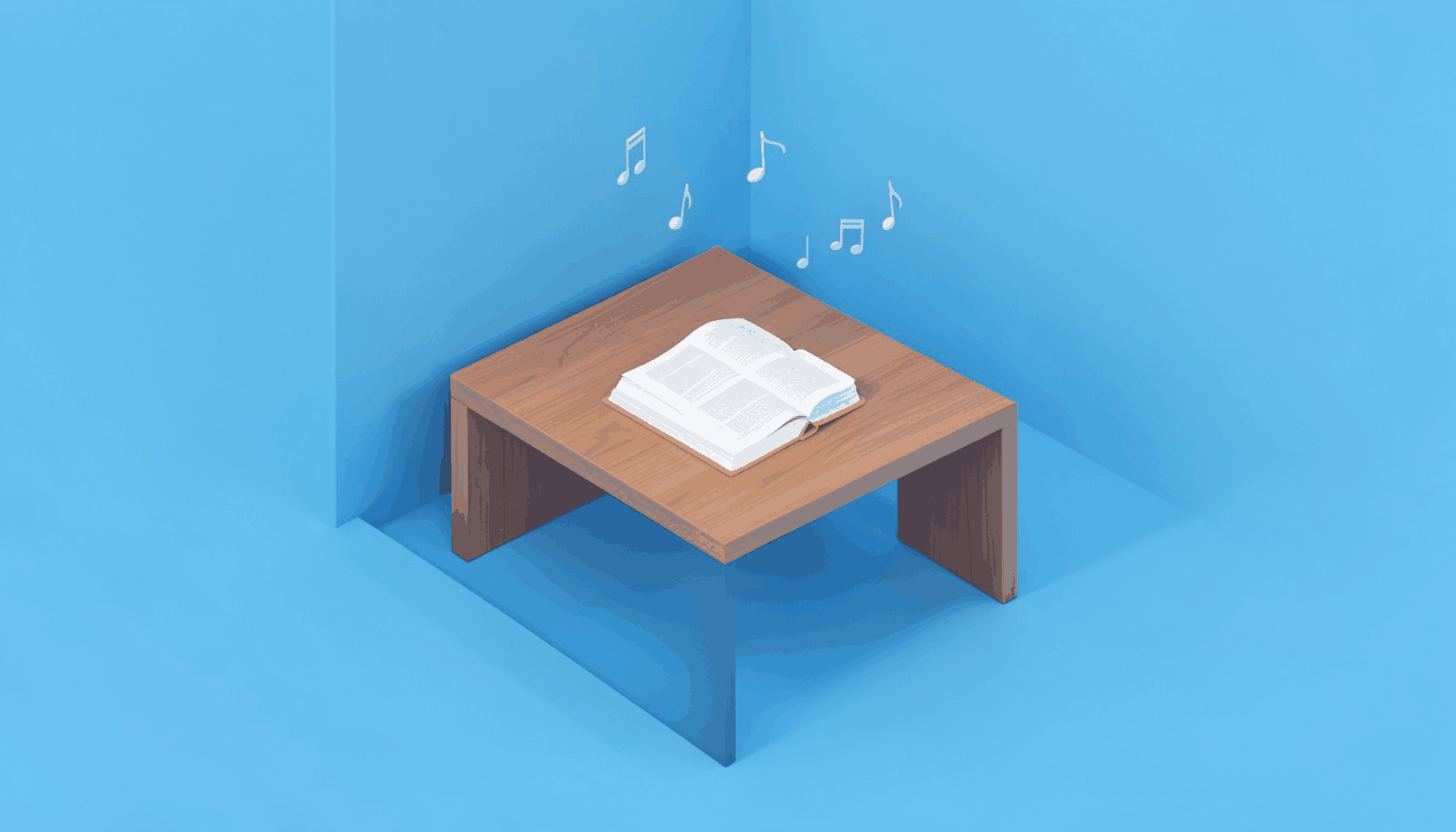 Isometric 3D render of a clean help desk workspace with a soft blue accent wall, a warm wooden desk surface, and subtle organized supplies