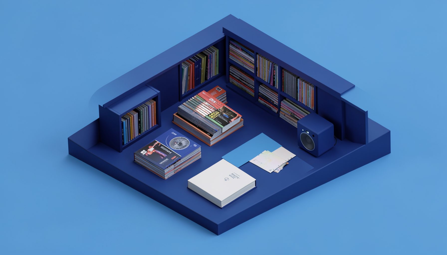 Isometric render of a warm navy and sky-blue music store scene with stacked CDs, a songbook, and a small speaker, calm and orderly mood