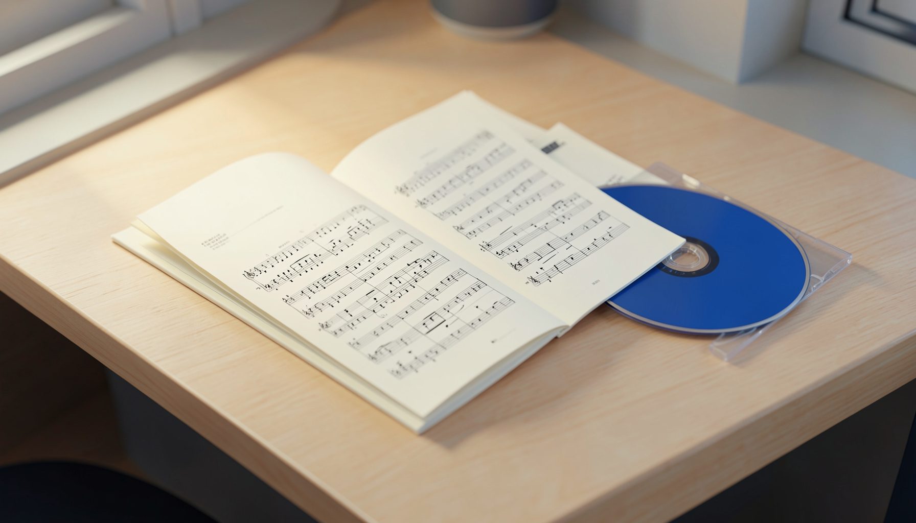 A warm, softly lit desk scene with a sheet music booklet and a CD case resting on a wooden surface, in gentle cream and amber tones
